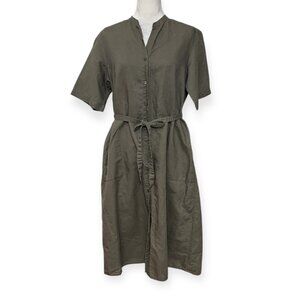 UNIQLO Women’s Linen Blend Shirt Dress Khaki Green Minimalist Casual Size L